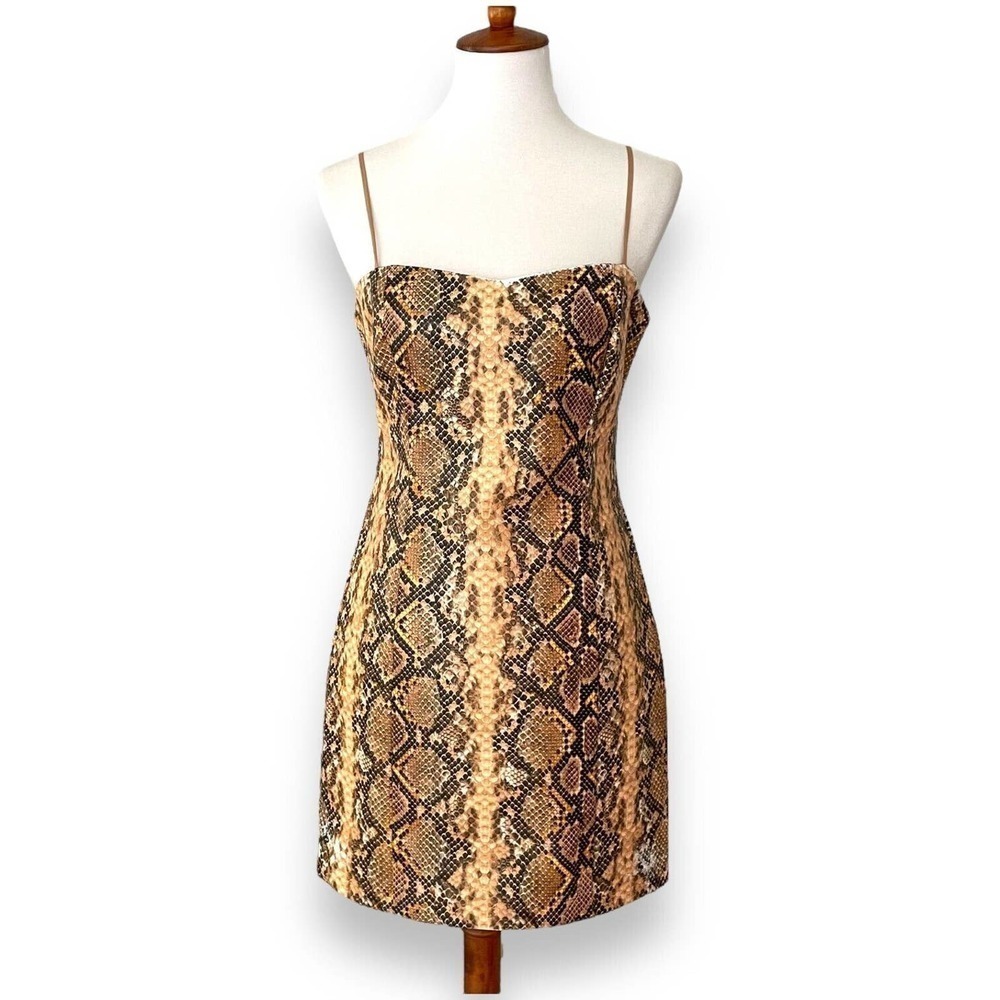 Likely 4 Hayley Yellow Brown Snakeskin Sleeveless Faux Leather Mini Dress Size 8